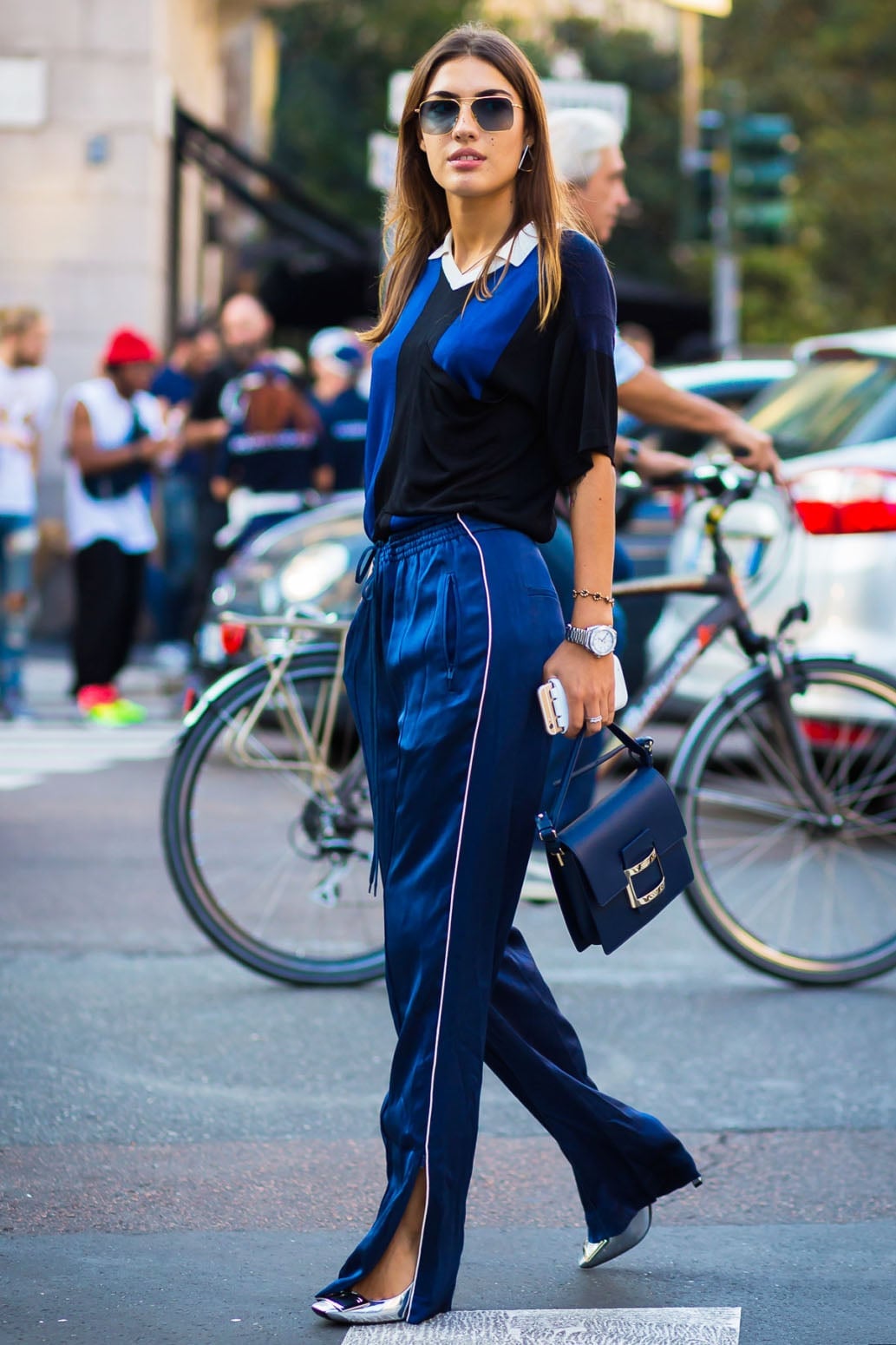 Royal Blue Satin Wide-Leg Trousers with Side Slits — Classy Blue Pants Outfits