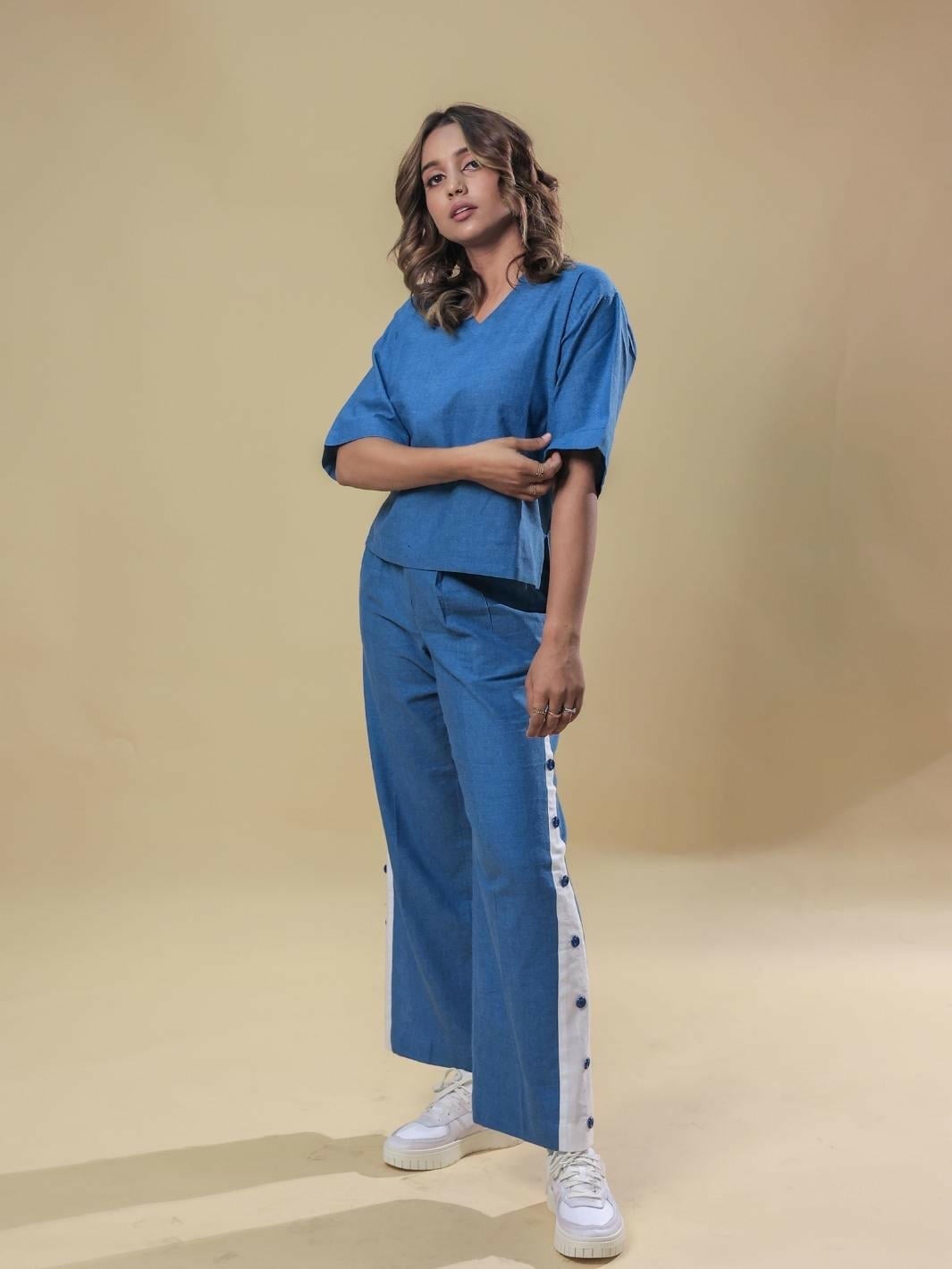 Blue Wide-Leg Pants with White Side Stripe and Button Detail — Classy Blue Pants Outfits