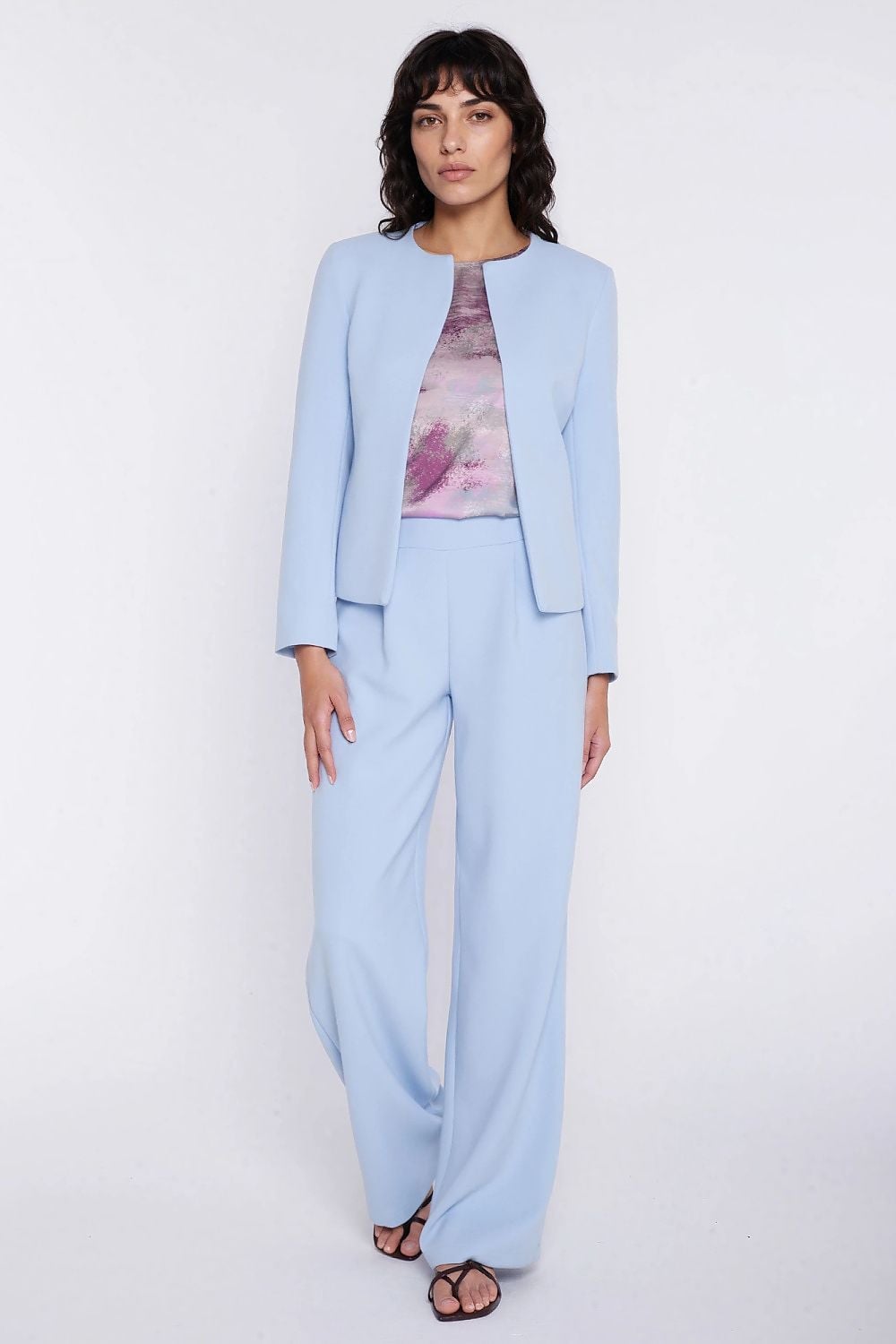 Light Blue Wide-Leg Trousers with a Cropped Jacket — Classy Blue Pants Outfits