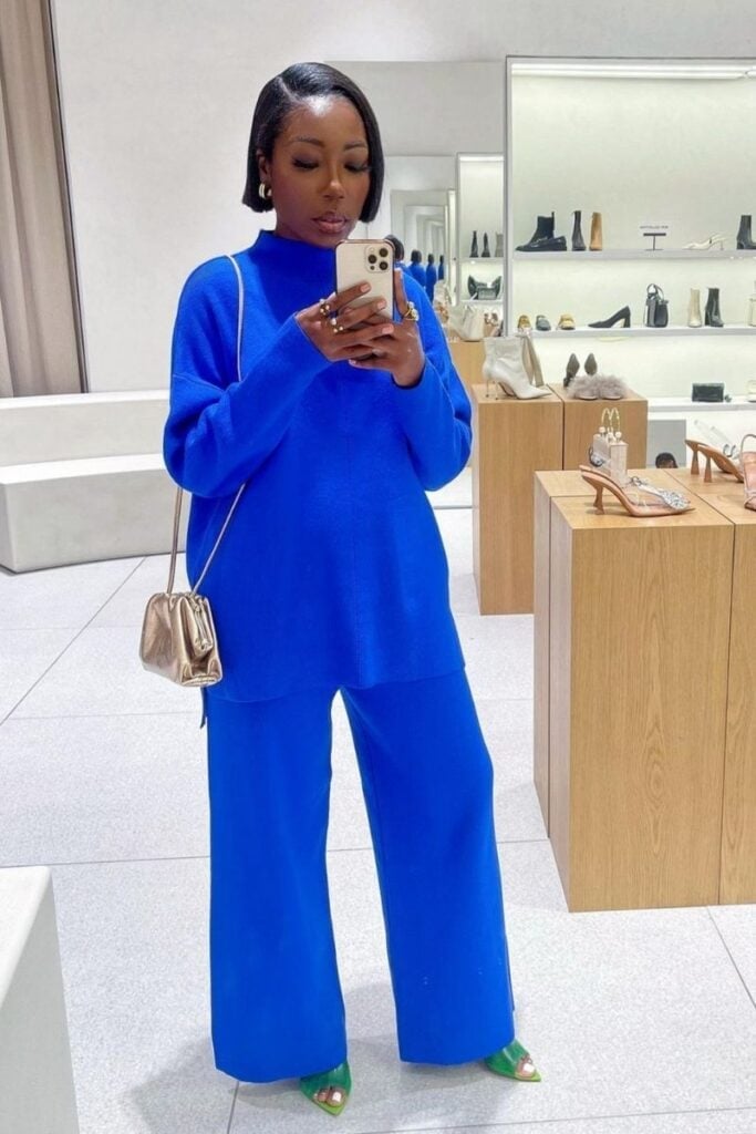 Bright Blue Knit Wide-Leg Trousers and Sweater Set — Classy Blue Pants Outfits