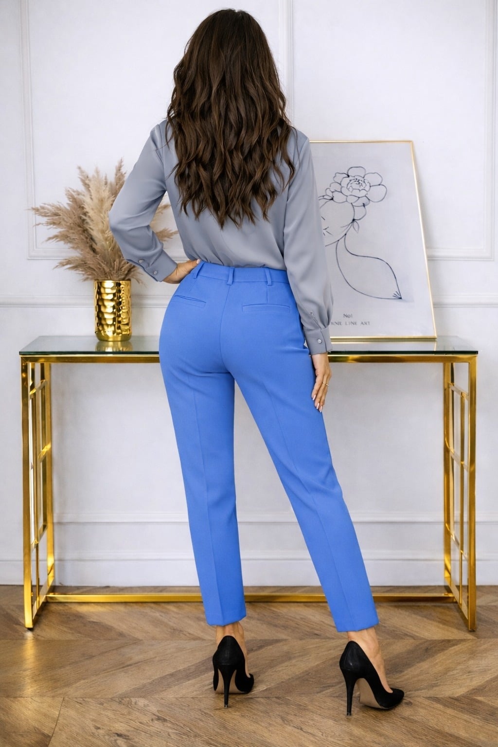 Vibrant Blue Straight-Leg Trousers with a Grey Blouse — Classy Blue Pants Outfits