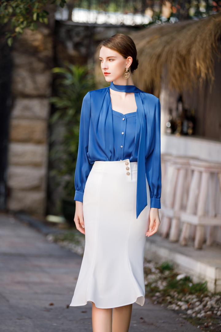 Meliora Long Sleeve Royal Blue Blouse | Women's blouses | Bow Blouse