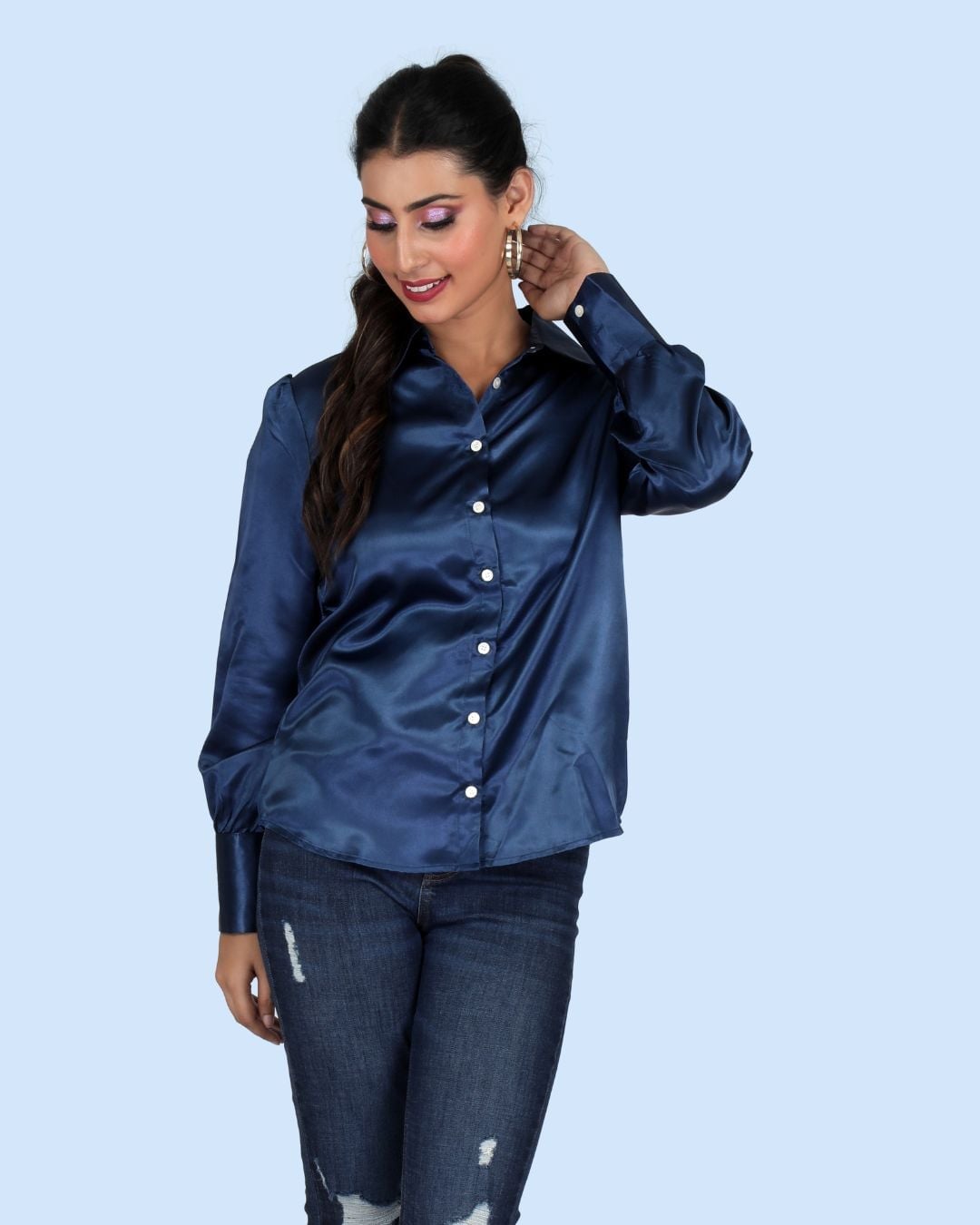 Royal Blue Satin Shirt for Smart Casual Royal Blue Satin Shirt for Smart Casual — Classy Blue Top Outfits