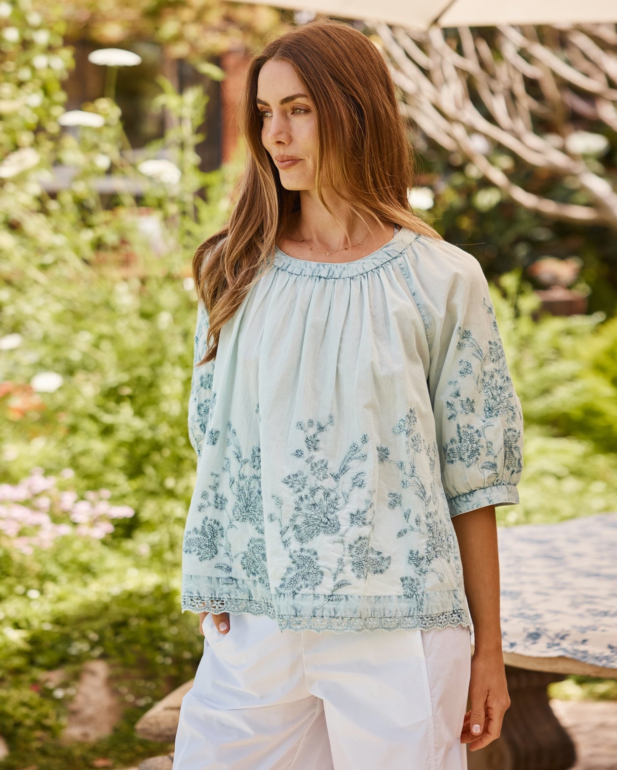 Light Blue Embroidered Top with White Pants Light Blue Embroidered Top with White Pants — Classy Blue Top Outfits