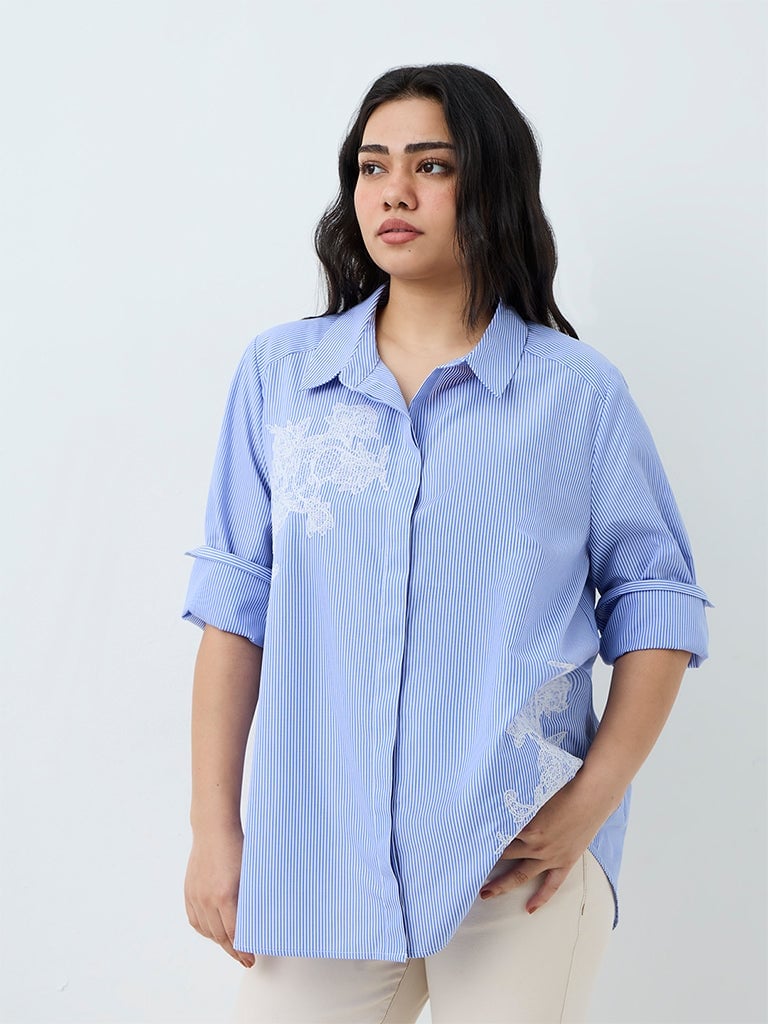Oversized Blue and White Striped Shirt with Lace Detail Oversized Blue and White Striped Shirt with Lace Detail — Classy Blue Top Outfits