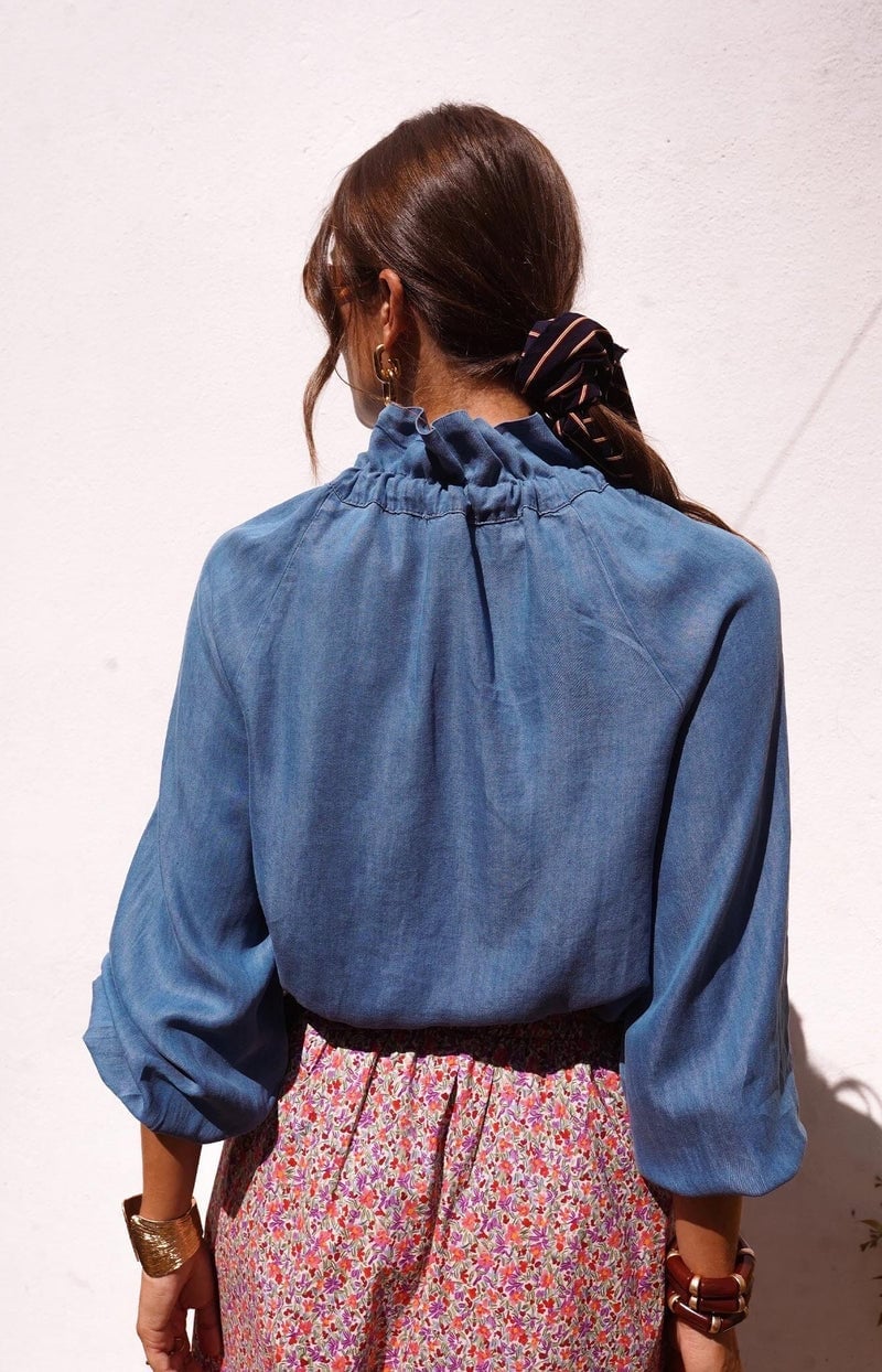 Royal Blue Satin Blouse with Distressed Denim Royal Blue Satin Blouse with Distressed Denim — Classy Blue Top Outfits