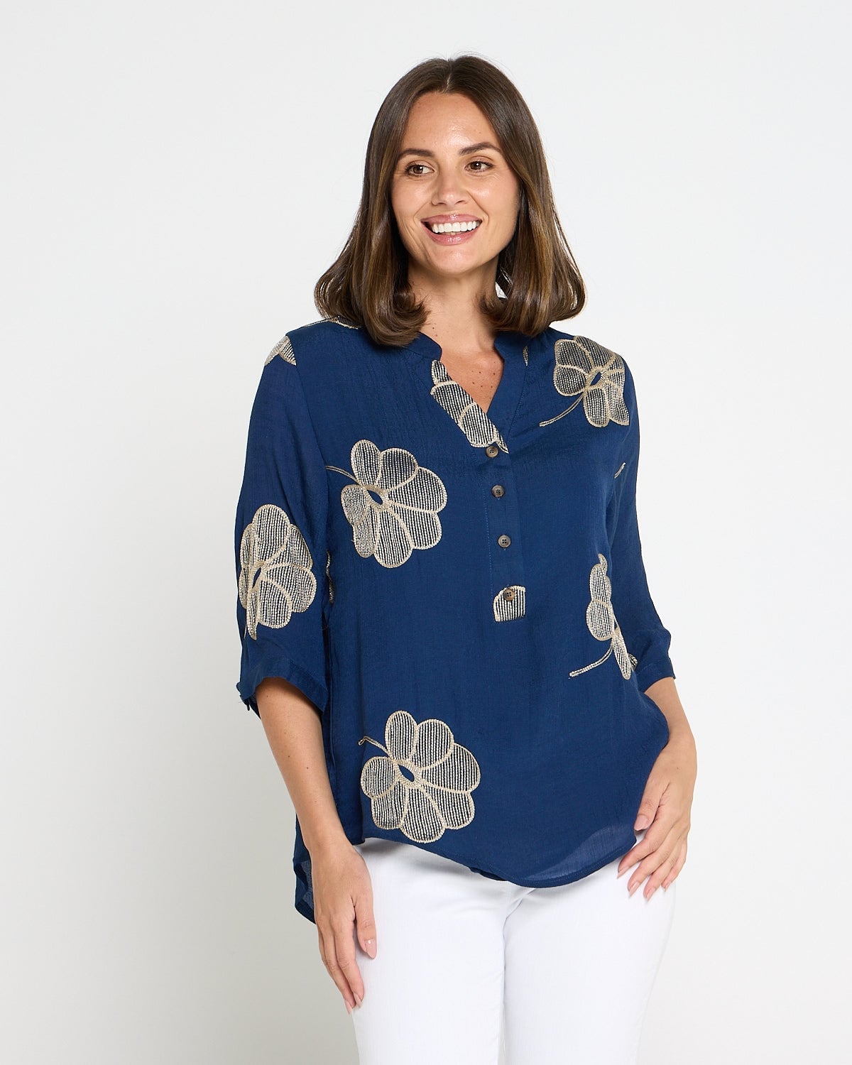 Navy Blue Blouse with Beige Floral Print Navy Blue Blouse with Beige Floral Print — Classy Blue Top Outfits