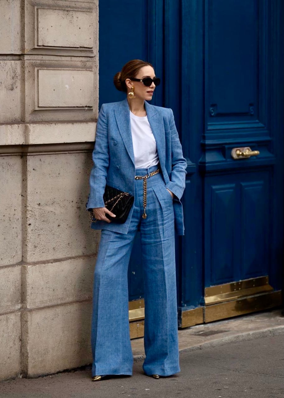 Light Blue Linen Suit with White T-Shirt Light Blue Linen Suit with White T-Shirt — Classy Blue Top Outfits