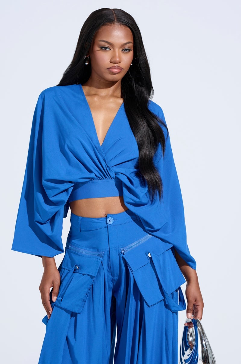 Royal Blue Long-Sleeved Wrap Blouse with Knotted Detail Royal Blue Long-Sleeved Wrap Blouse with Knotted Detail — Classy Blue Top Outfits