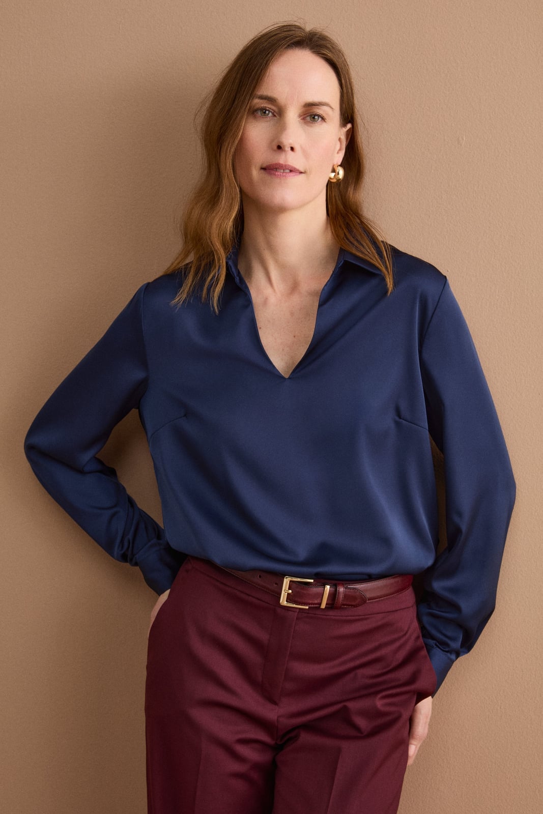 Navy Blue Satin Blouse with Burgundy Trousers Navy Blue Satin Blouse with Burgundy Trousers — Classy Blue Top Outfits
