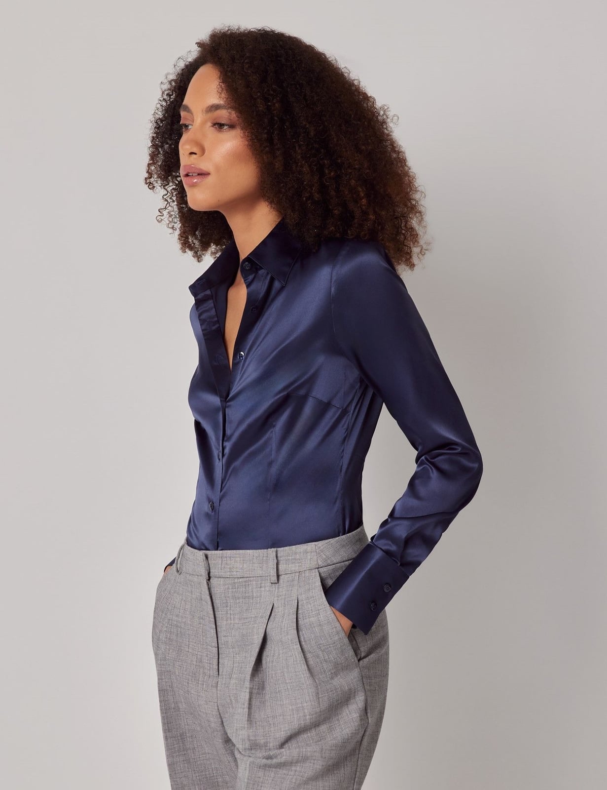 Fitted Navy Blue Satin Shirt with Grey Trousers Fitted Navy Blue Satin Shirt with Grey Trousers — Classy Blue Top Outfits