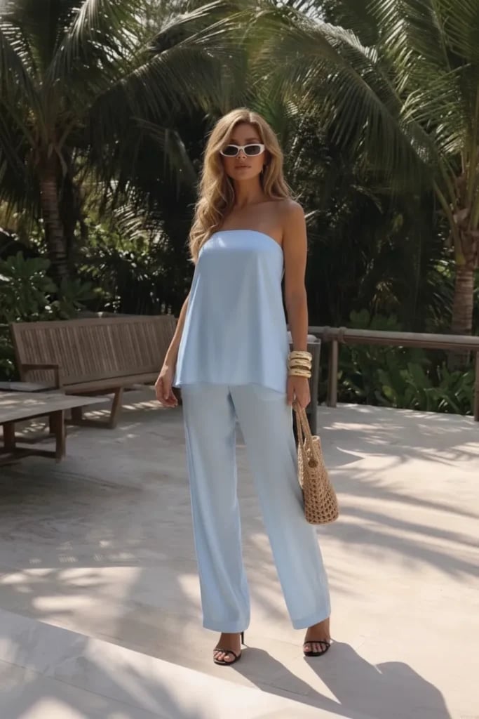 Light Blue Satin Strapless Top with Wide-Leg Pants Light Blue Satin Strapless Top with Wide-Leg Pants — Classy Blue Top Outfits