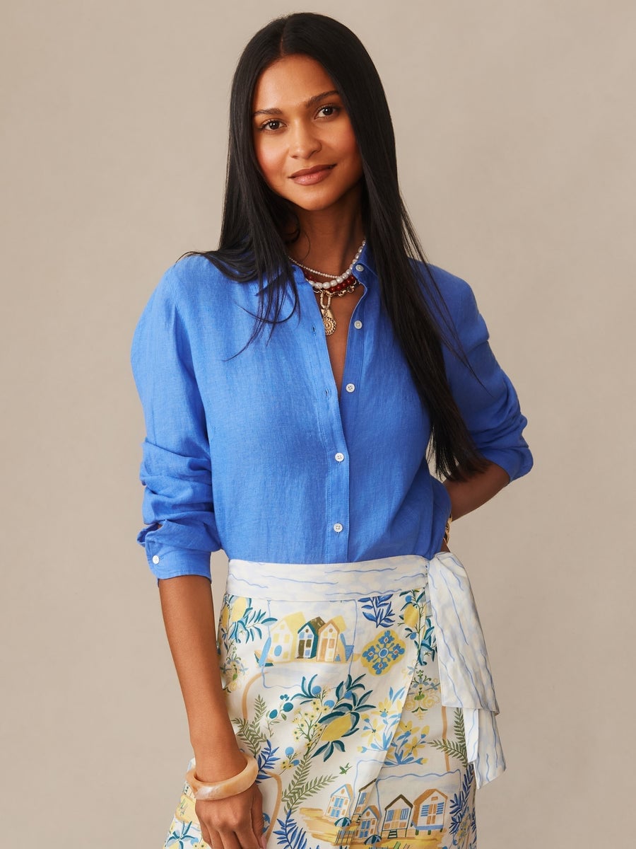 Royal Blue Linen Shirt Over a Printed Skirt Royal Blue Linen Shirt Over a Printed Skirt — Classy Blue Top Outfits