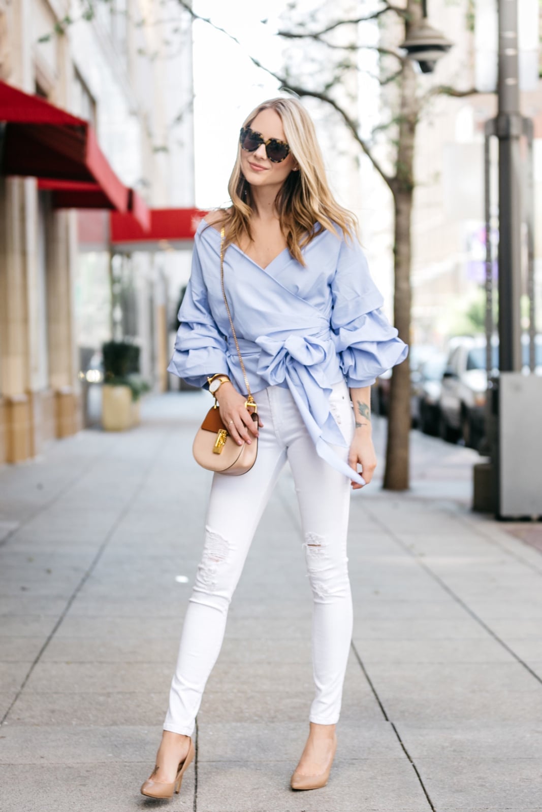 Light Blue Wrap Blouse with Ruffle Sleeves and White Jeans Light Blue Wrap Blouse with Ruffle Sleeves and White Jeans — Classy Blue Top Outfits