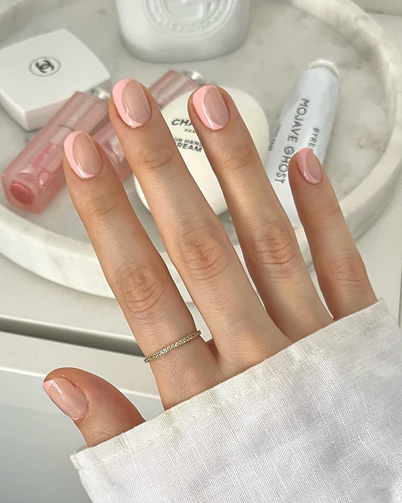 Sheer Pink Base Modern Curved Light Pink French Tips Short Square Sheer Pink Base Modern Curved Light Pink French Tips Short Square — Classy Blush Nails