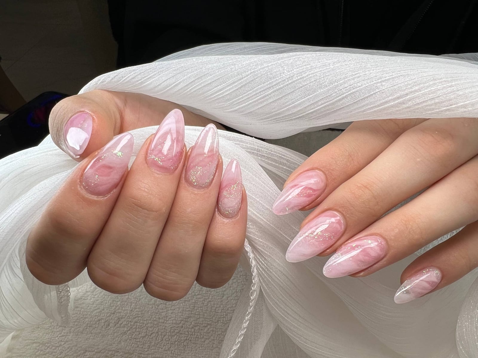 Medium Almond Marble Pattern with Silver Glitter Nails Medium Almond Marble Pattern with Silver Glitter Nails — Classy Blush Nails