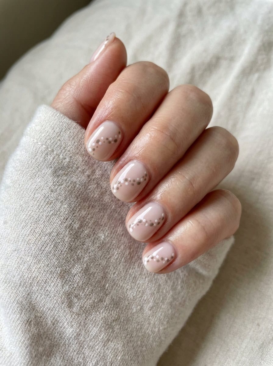 Sheer Nude Base with Beige and White Dotted Line Short Oval Nails Sheer Nude Base with Beige and White Dotted Line Short Oval Nails — Classy Blush Nails