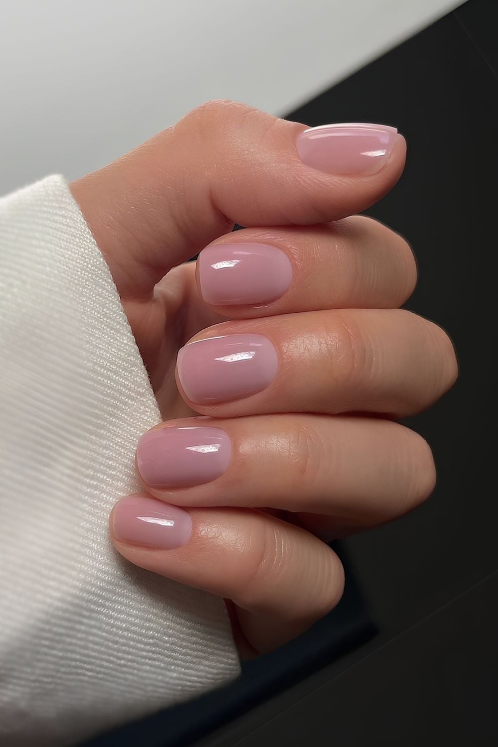 Glossy Sheer Milky Pink Short Square Nails, Close-Up Take Glossy Sheer Milky Pink Short Square Nails, Close-Up Take — Classy Blush Nails