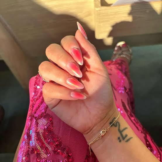 Pink and Coral Aura Velvet Finish Medium Almond Nails Pink and Coral Aura Velvet Finish Medium Almond Nails — Classy Blush Nails