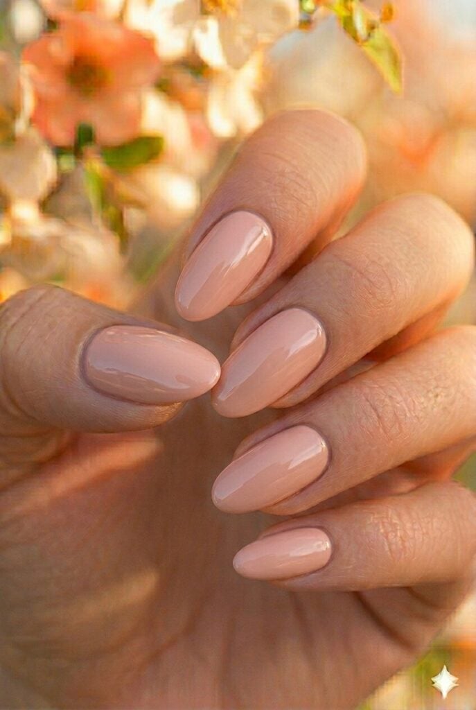 Glossy Opaque Peachy Nude Medium Almond Nails Glossy Opaque Peachy Nude Medium Almond Nails — Classy Blush Nails