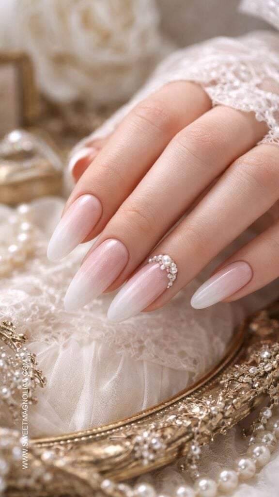 Pink to White Ombre with Pearl and Rhinestone Accent Medium Almond Pink to White Ombre with Pearl and Rhinestone Accent Medium Almond — Classy Blush Nails