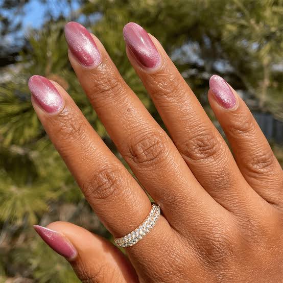 Shimmery Rose Gold Cat-Eye Medium Almond Nails Shimmery Rose Gold Cat-Eye Medium Almond Nails — Classy Blush Nails