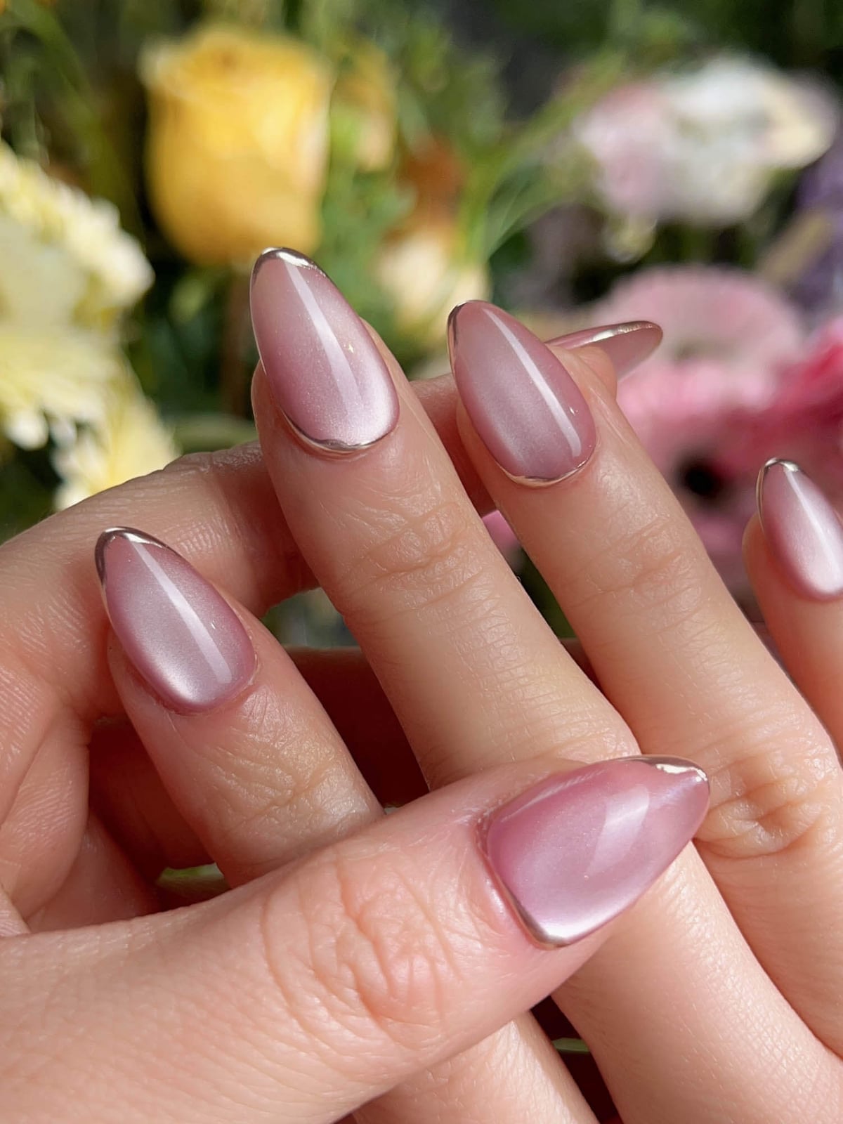 Glossy Sheer Pink with Metallic Silver French Tip Short Almond Nails Glossy Sheer Pink with Metallic Silver French Tip Short Almond Nails — Classy Blush Nails