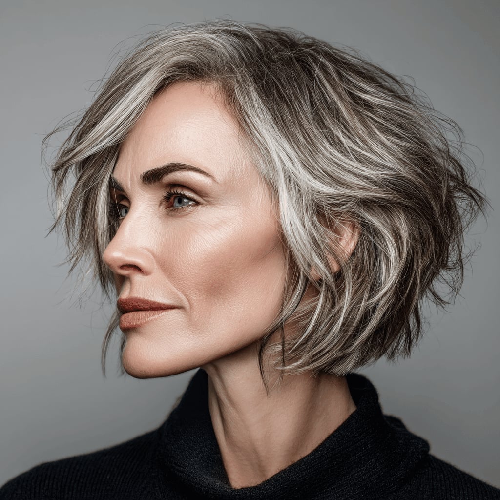 Wavy Chin Bob Grey With Highlights Wavy Chin Bob Grey With Highlights — Classy Bob for Fine Hair