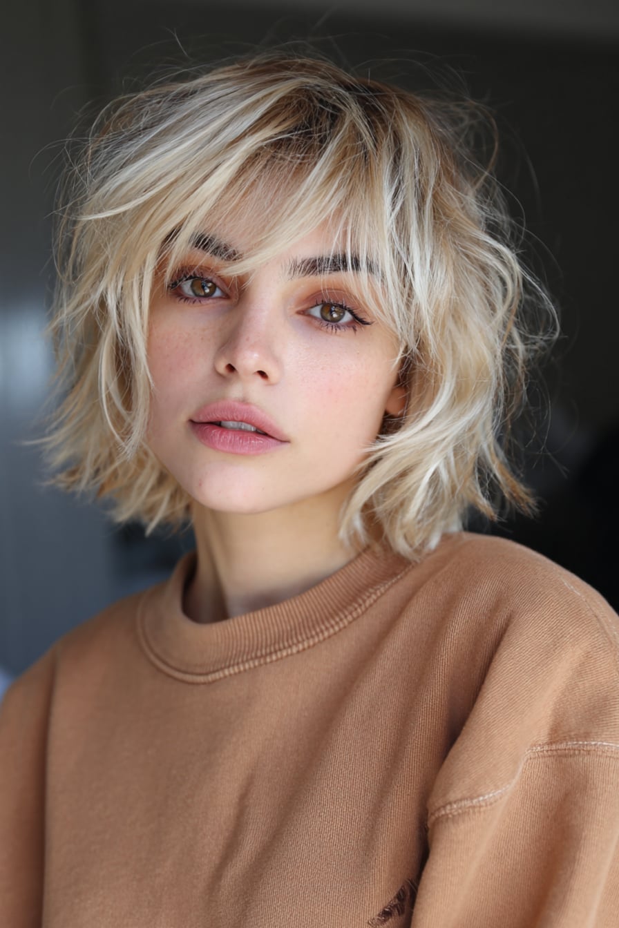 Textured Chin Bob With Blunt Bangs Textured Chin Bob With Blunt Bangs — Classy Bob for Fine Hair