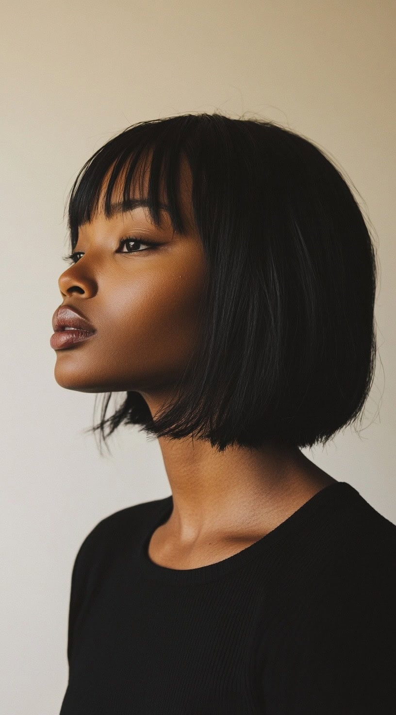 Chin Bob With Blunt Bangs In Black — Classy Bob Hair
