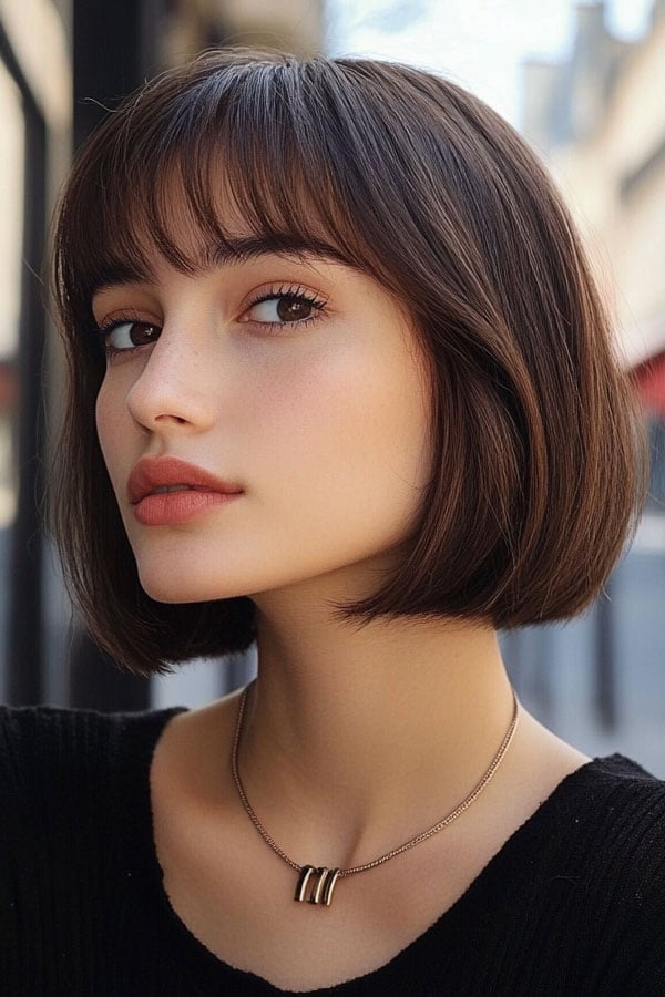 Effortless Dark Brown Bob With Wispy Bangs Effortless Dark Brown Bob With Wispy Bangs — Classy Bob Haircuts with Bangs