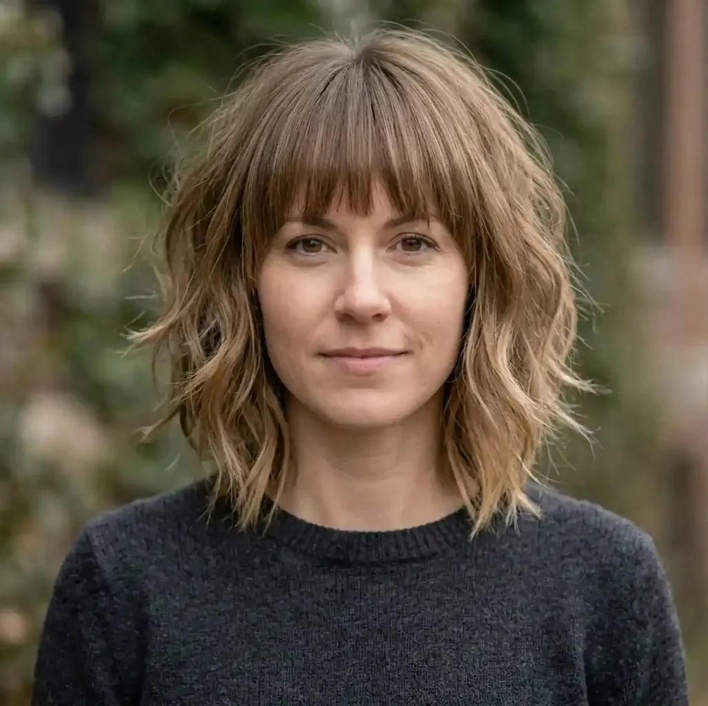 Light Brown Bob With Textured Bangs And Layers Light Brown Bob With Textured Bangs And Layers — Classy Bob Haircuts with Bangs
