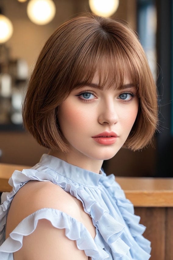 Honey Blonde Bob With Classic Blunt Bangs Honey Blonde Bob With Classic Blunt Bangs — Classy Bob Haircuts with Bangs