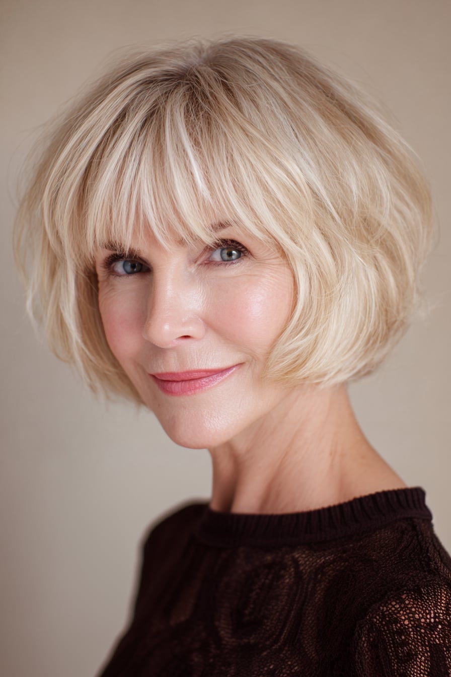 Ear Length Layered Bob With Wispy Bangs Ear Length Layered Bob With Wispy Bangs — Classy Bob Haircuts with Bangs