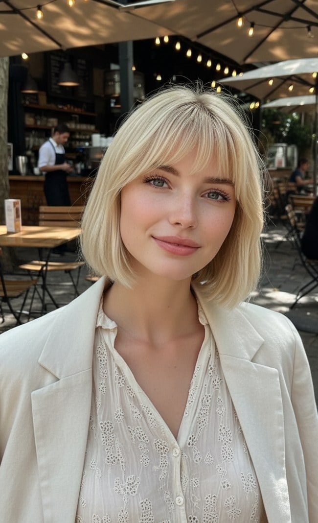 Creamy Vanilla Blonde Bob With Soft Fringe Creamy Vanilla Blonde Bob With Soft Fringe — Classy Bob Haircuts with Bangs