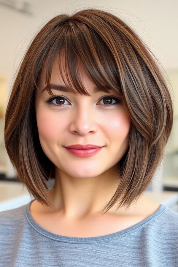 Layered Dark Brown Bob With Feathered Bangs Layered Dark Brown Bob With Feathered Bangs — Classy Bob Haircuts with Bangs
