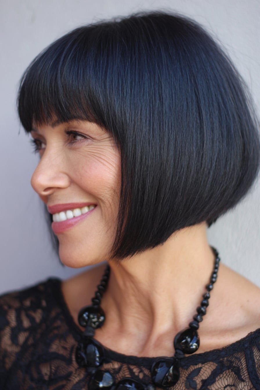 Dark Blue-Black Bob With Smooth Blunt Bangs Dark Blue-Black Bob With Smooth Blunt Bangs — Classy Bob Haircuts with Bangs