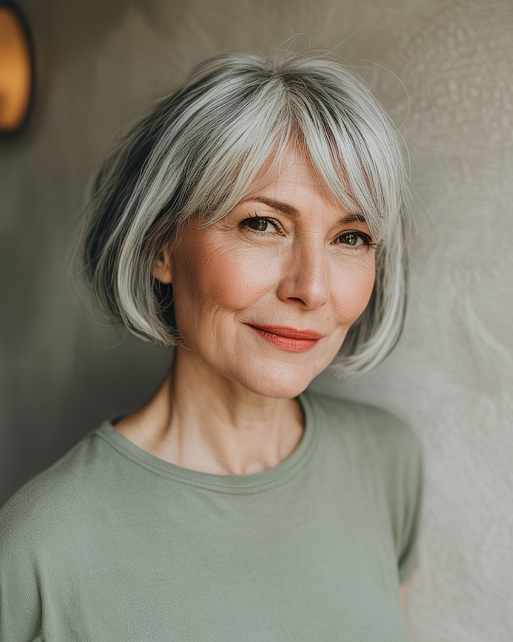 Silver Gray Bob With Side-Swept Bangs Silver Gray Bob With Side-Swept Bangs — Classy Bob Haircuts with Bangs