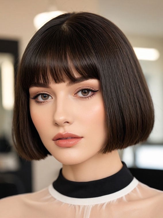 Sharp Dark Brown Bob With Blunt Bangs Sharp Dark Brown Bob With Blunt Bangs — Classy Bob Haircuts with Bangs