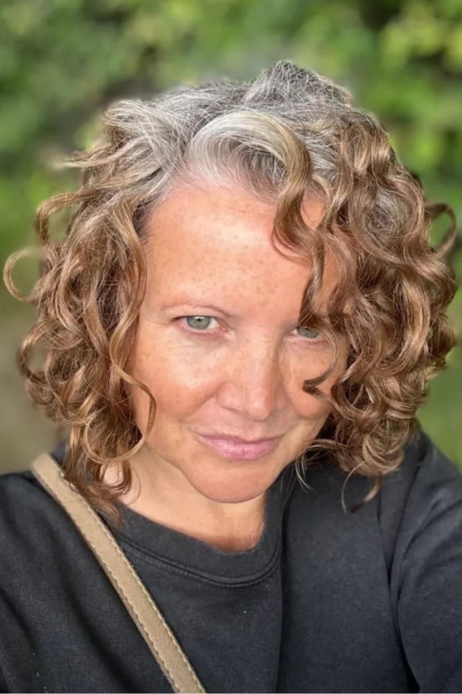 Chin Bob With Natural Grey Streaks Chin Bob With Natural Grey Streaks — Classy Bob with Curls