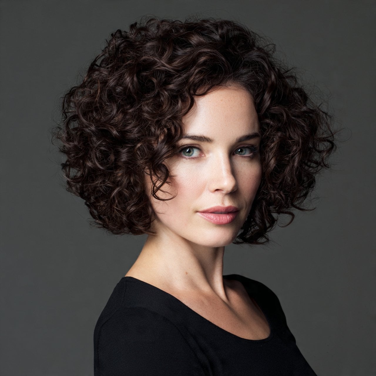 Stacked Dark Brown Bob With Corkscrew Curls Stacked Dark Brown Bob With Corkscrew Curls — Classy Bob with Curls