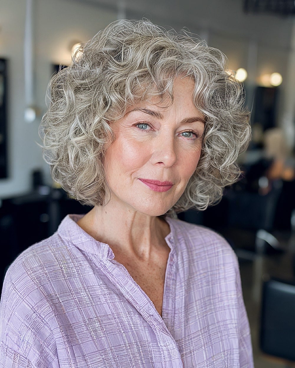 Collarbone Grey Bob With Voluminous Curls Collarbone Grey Bob With Voluminous Curls — Classy Bob with Curls