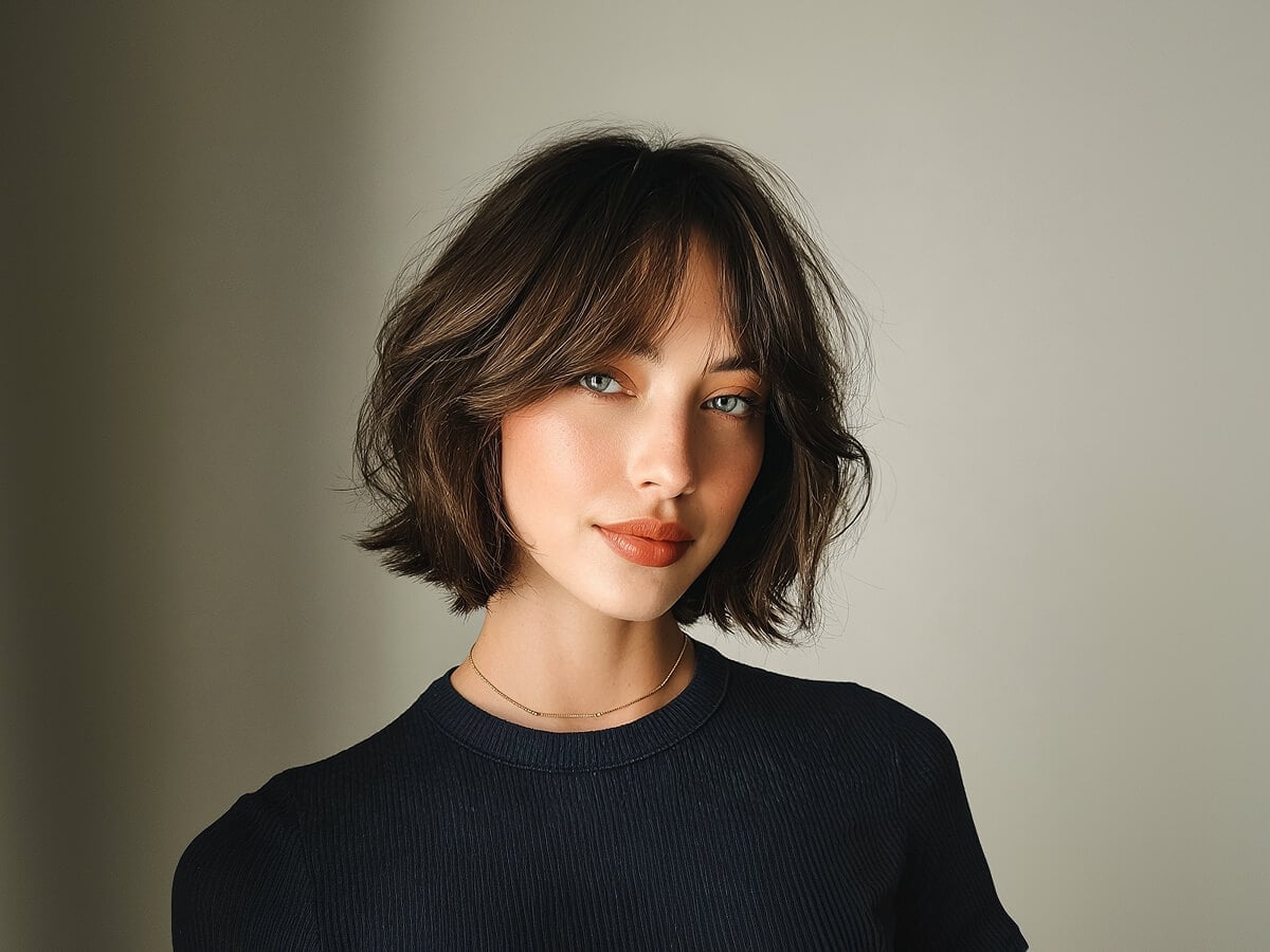 Dark Brown Bob With Wispy Curtain Bangs And Side Part Dark Brown Bob With Wispy Curtain Bangs And Side Part — Classy Bob with Curtain Bangs