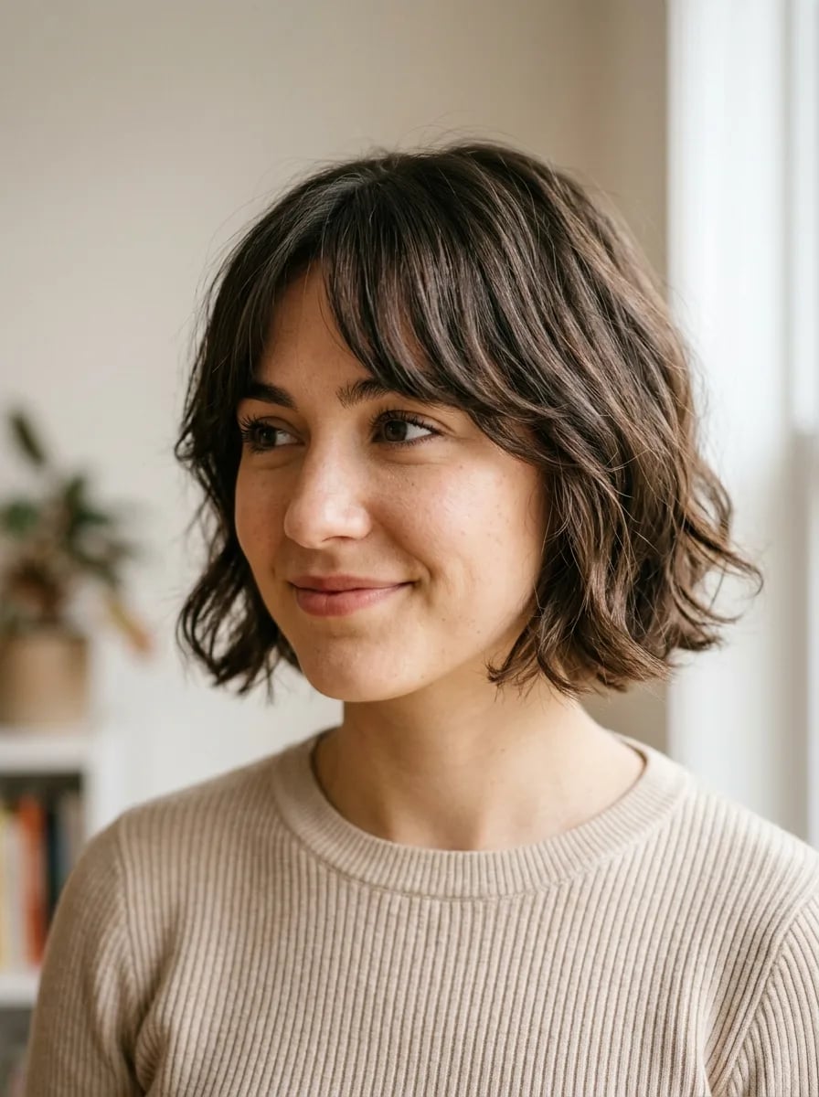 Collarbone Bob With Medium Brown Face Framing Layers And Curtain Bangs Collarbone Bob With Medium Brown Face Framing Layers And Curtain Bangs — Classy Bob with Curtain Bangs