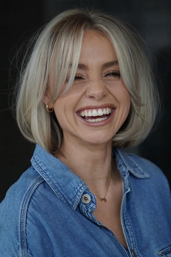 Platinum Blonde Blunt Bob With Poker Straight Curtain Bangs Platinum Blonde Blunt Bob With Poker Straight Curtain Bangs — Classy Bob with Curtain Bangs