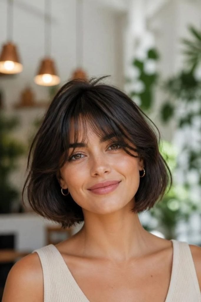 Dark Brown Bob With Soft Air Dried Waves And Curtain Bangs Dark Brown Bob With Soft Air Dried Waves And Curtain Bangs — Classy Bob with Curtain Bangs