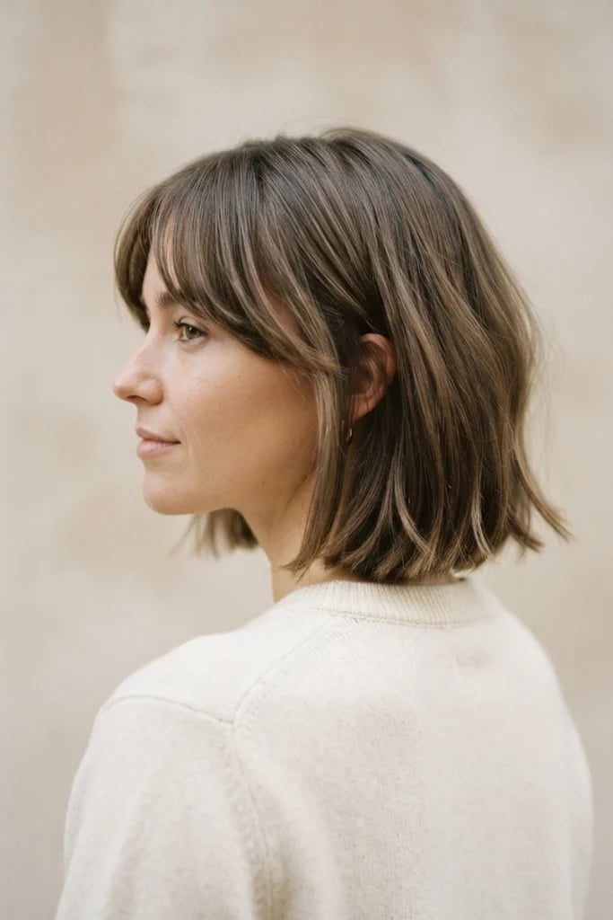 Collarbone Bob With Textured Wavy Finish And Side Profile Curtain Collarbone Bob With Textured Wavy Finish And Side Profile Curtain — Classy Bob with Curtain Bangs