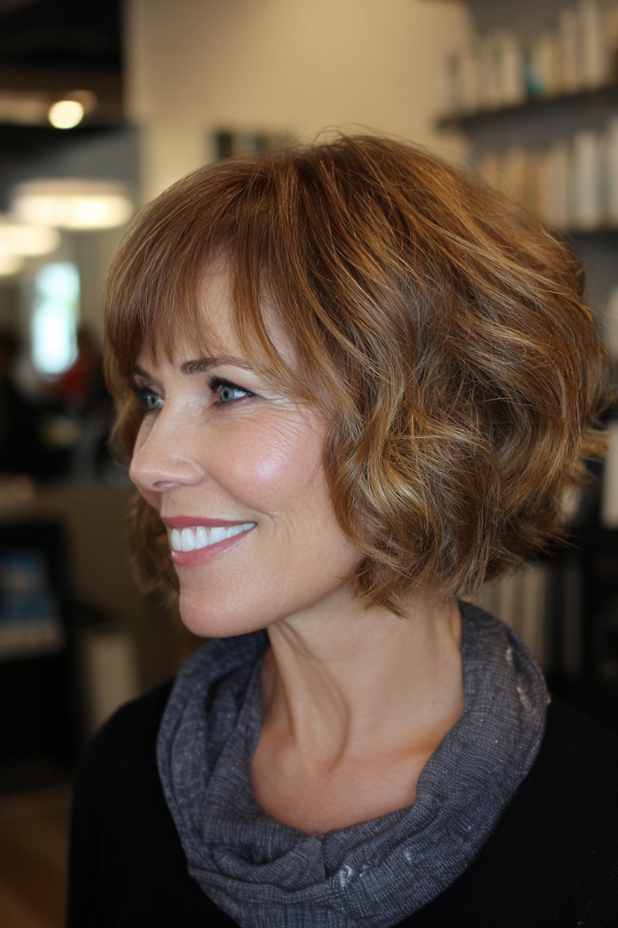 Chin Length Auburn Bob With Blonde Highlights And Wavy Blowout Chin Length Auburn Bob With Blonde Highlights And Wavy Blowout — Classy Bob with Curtain Bangs