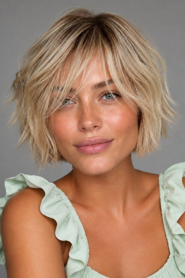Chin Length Shaggy Bob With Textured Wavy Champagne Blonde Chin Length Shaggy Bob With Textured Wavy Champagne Blonde — Classy Bob with Curtain Bangs