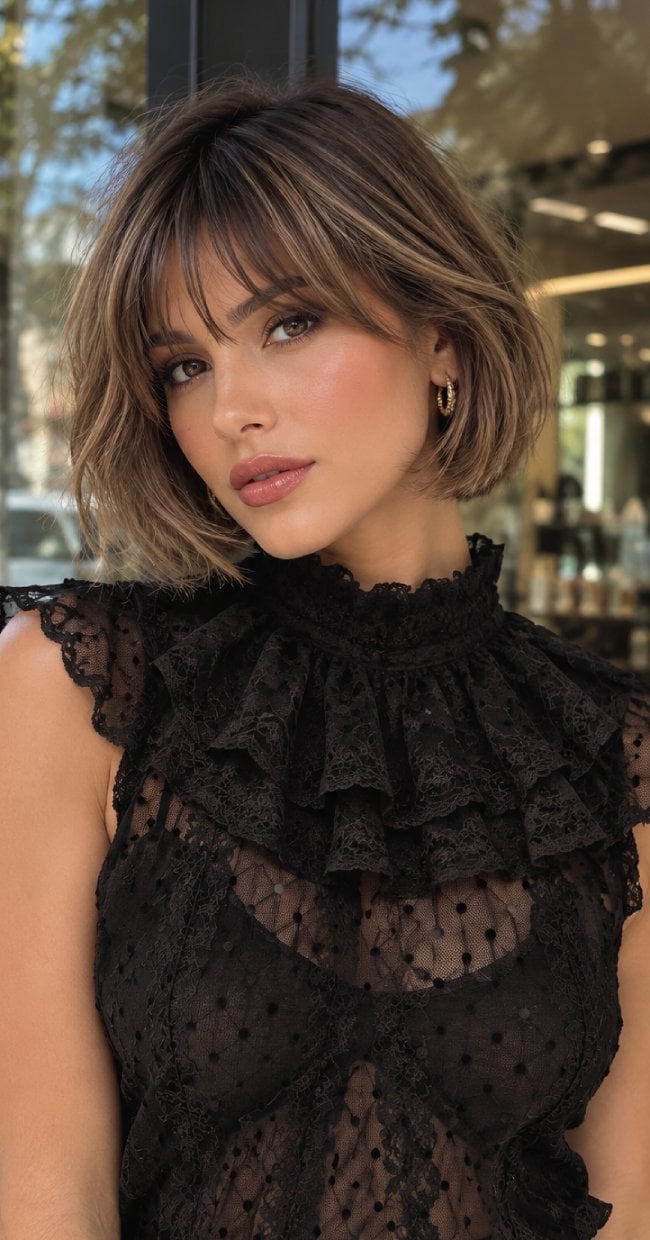 Textured French Bob With Tousled Curtain Bangs Textured French Bob With Tousled Curtain Bangs — Classy Bob with Curtain Bangs